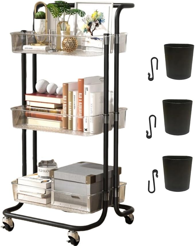 3 Tier Rolling Cart with Metal Handle, Hanging Cups, Plastic Storage Baskets & by GiveUsaChanceGiveYouMoreProbability