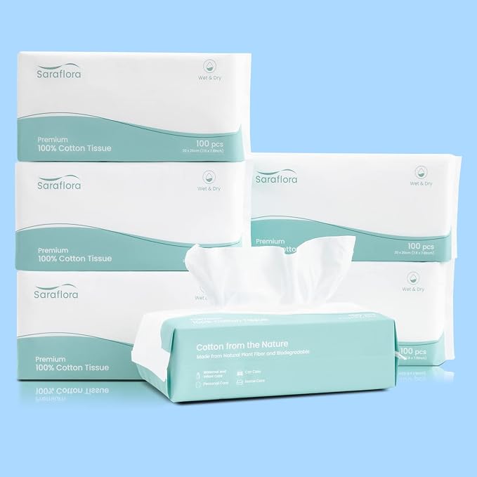 Saraflora 100% Cotton Facial Tissue Soft Dry Wipe 6 Pack, Use - Image 7