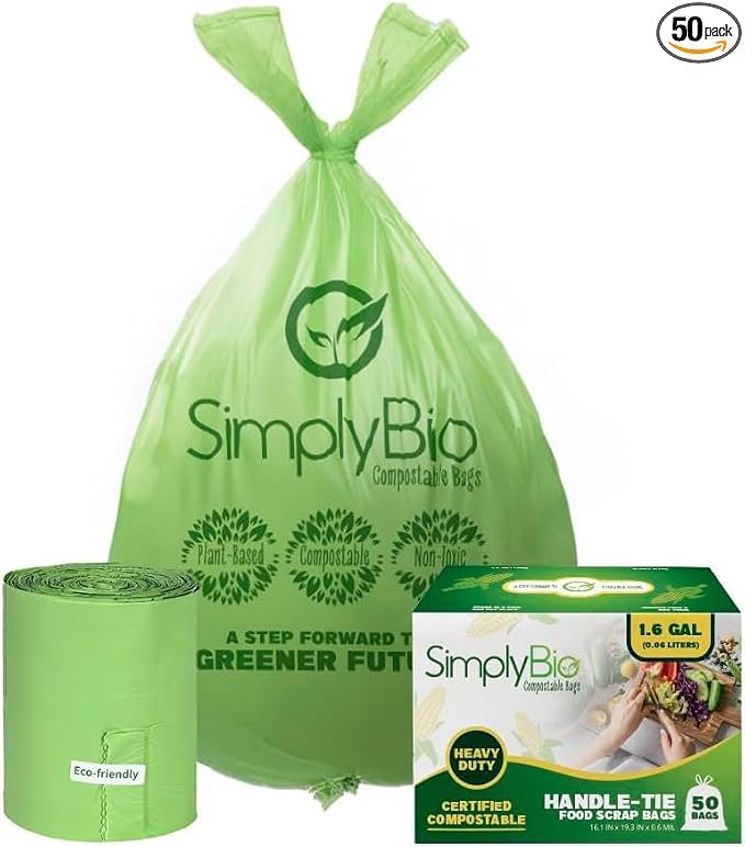 1.6 Gallon Compostable Trash Bags Handle, Heavy Duty Thick 0.6 Mil, 6.06 Liter by Mazatzal