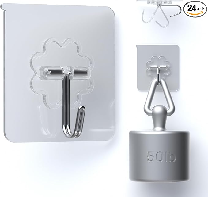 DDMY 24 Packs Hooks for Hanging 50lb Wall Hooks Transparent Reusable Waterproof by DDMY