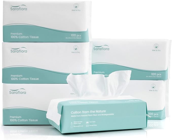 Saraflora 100% Cotton Facial Tissue Soft Dry Wipe 6 Pack, Use by SARAFLORA