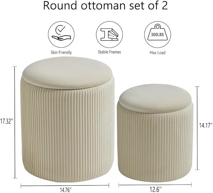Round Ottoman with Storage Set of 2-Upholstered Velvet Vanity Stool - Image 2
