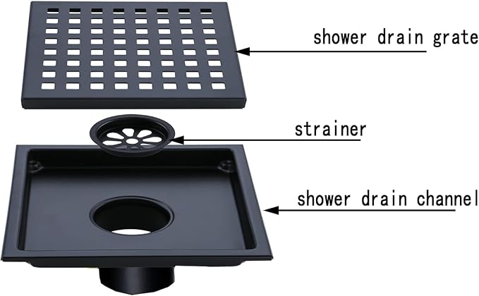 RANDOM Matte Black Square Shower Drain 6 Inch Drain Cover 304 Stainless Steel - Image 3