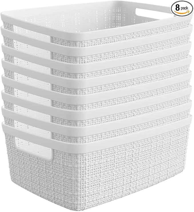 Curver Set of 8 Jute Small Decorative Plastic Organization and Storage Baskets by Curver