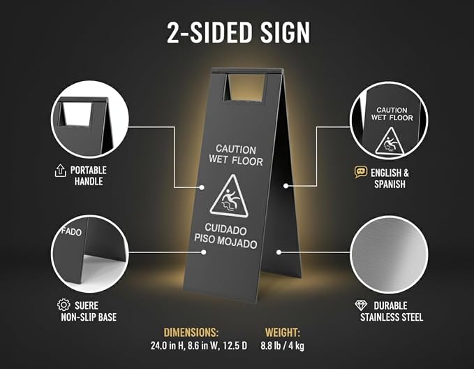 2 Pcs Wet Floor Sign, 24 Inch Black Stainless Steel Caution Wet Floor Sign - Image 2