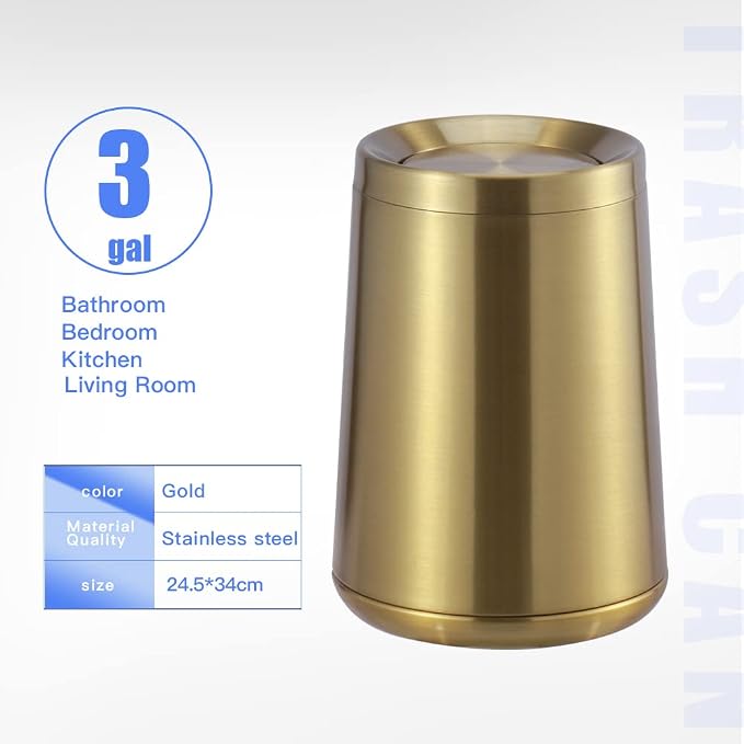 Household Swing Gold Bathroom Trash Can，Brushed Stainless Steel，10 L/3 - Image 9