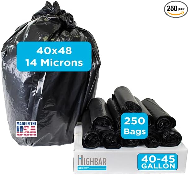 250 Count, 40-45 Gallon Trash Bags, Heavy Duty Black Bags, 45 Gallon by HighBarTrashLiners