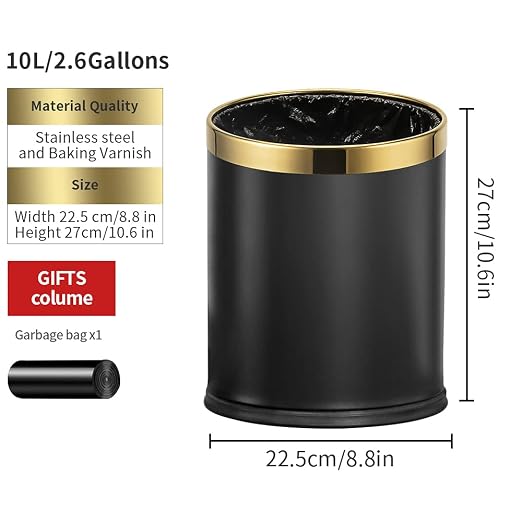 10L/2.6GAL Black and Gold Open Top Trash Can - Image 3