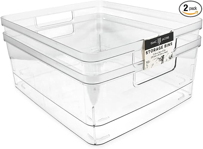 Isaac Jacobs 2-Pack Large Clear Storage Bins w/Cutout Handles, Plastic Organizer by IsaacJacobs