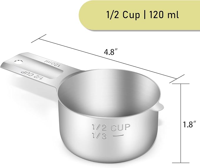 4PCS 1/2Cup Single Measuring Cup, Stainless Steel Measure Scoop, Metric and US - Image 2