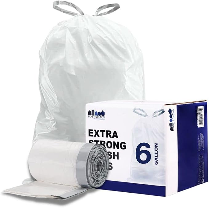 Plasticplace 6 Gallon Trash Bags White Drawstring Garbage Can Liners, 17” x 20” - Image 3