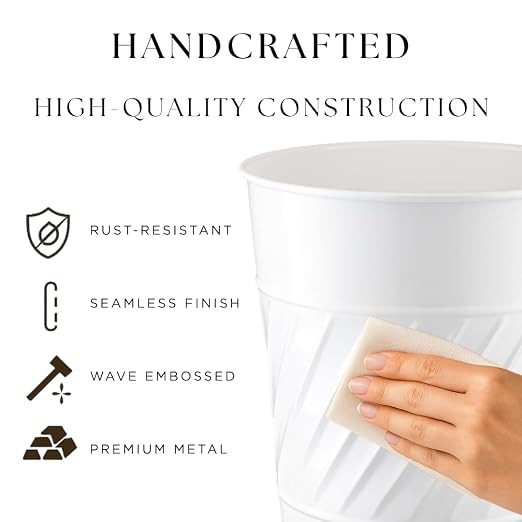 Monarch Abode White Handcrafted Wave Embossed Metal Wastebasket - Image 3