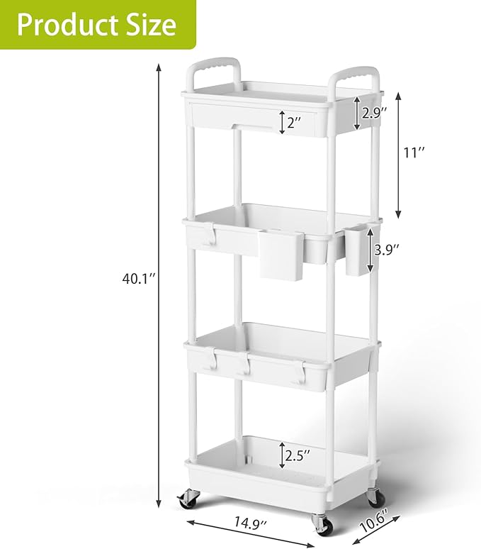 4 Tier Rolling Cart Organizer, Art Craft Diaper Bedside Snack Laundry Room - Image 3