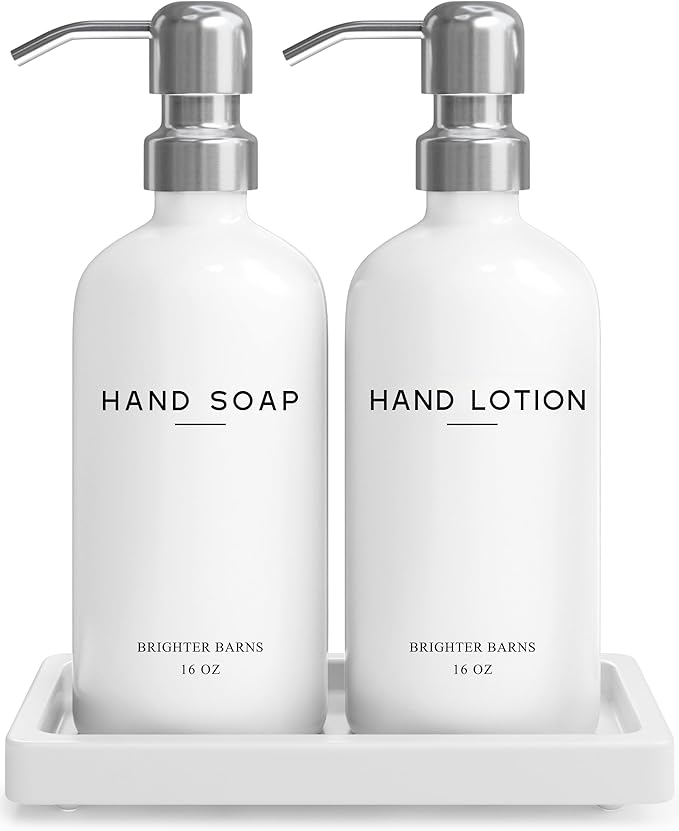 White Glass Soap and Lotion Dispenser Set by Brighter Barns by BrighterBarns
