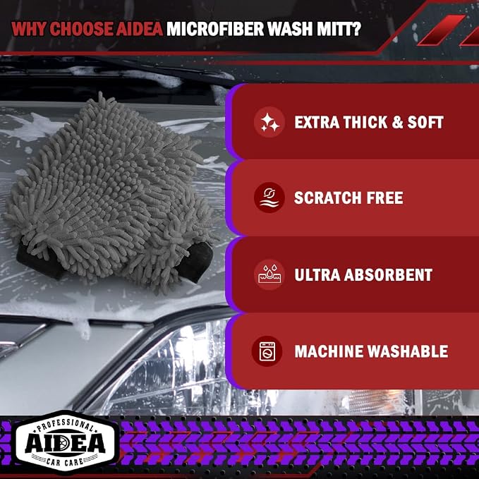 AIDEA Car Wash Mitt Microfiber-2Pack, Scratch-Free& Lint-Free, Premium Chenille - Image 3