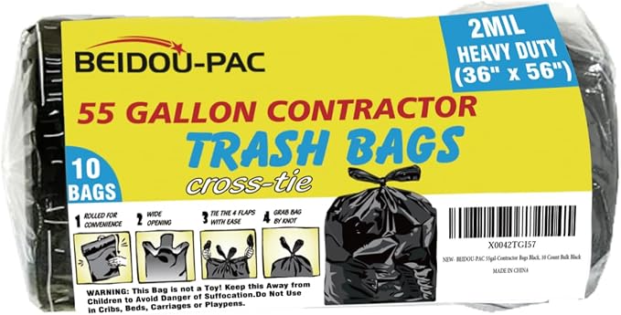 Contractor Heavy Duty Trash Bags 55 Gallon | 10 Count | 2 MIL | 36" X 56" | by BEIDOU-PAC