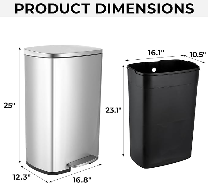 13.2 Gal Kitchen Trash Can, 50L Recycling or Garbage Bin, Brushed Stainless - Image 8