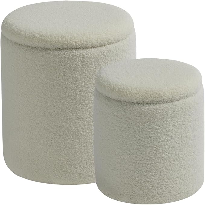 Round Ottoman with Storage Set of 2-Upholstered Sherpa Vanity Stool by HomePage