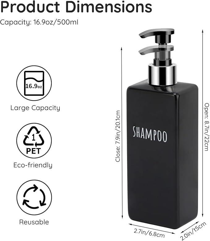 Segbeauty Shower Soap Dispenser Black, 500ml Reusable Plastic Square Shampoo - Image 6