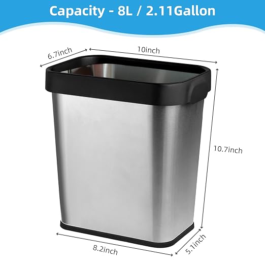 3 Pack Stainless Steel Trash Can 2 Gallon, Open Top Trash Can, Rectangle - Image 3