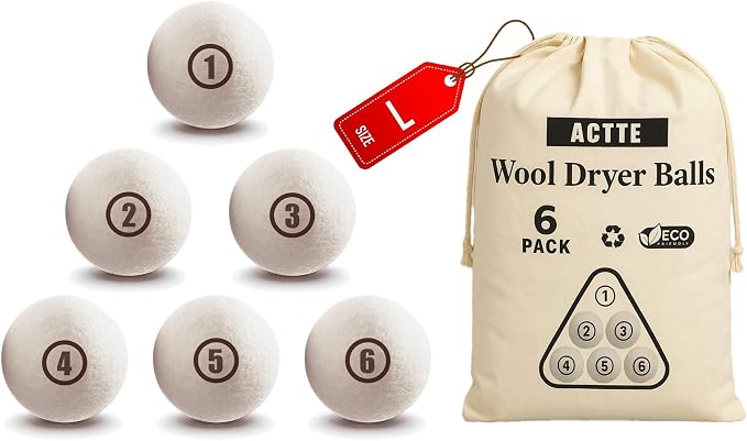 Sheep Wool Dryer Balls 6 Pack L Premium Natural Fabric Softener, Reusable by ACTTE