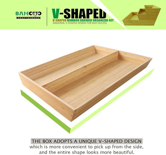 V-Shaped Bamboo Drawer Organizer Set of 3, Kitchen Large and Long Utensil Plate - Image 3