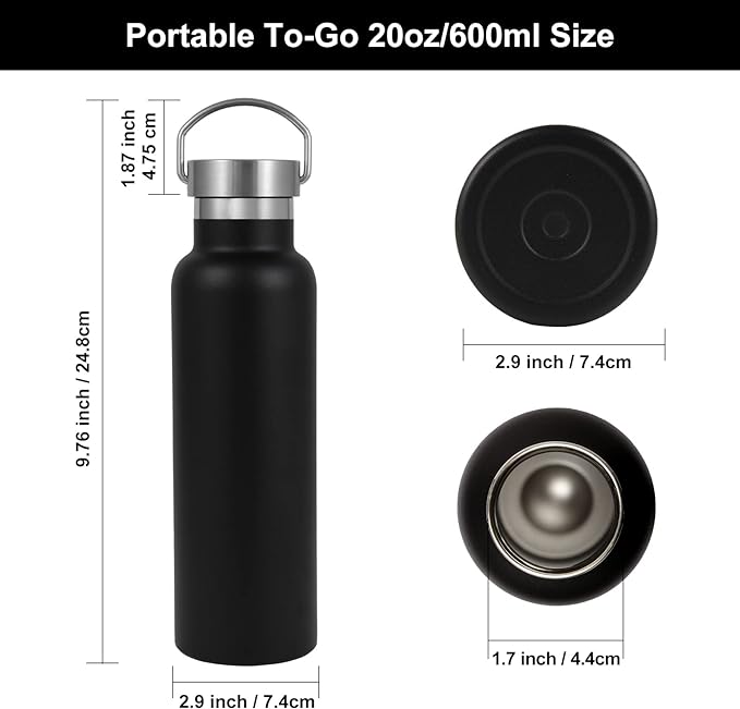 Neihepal Black Stainless Steel Water Bottles, 20 Ounce Vacuum Insulated Double - Image 5