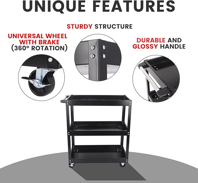 3-Tier Commercial Utility Cart, 3 Shelves Steel Service Tool Cart - Image 3