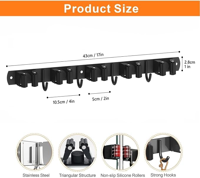 Mop and Broom Holder Wall Mount, Upgraded Broom Organizer Wall Mount, Stainless - Image 5