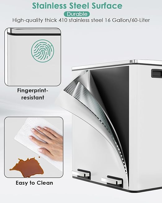 AthLike 60L Dual Trash Can, Stainless Steel Kitchen Garbage Can, Double - Image 4