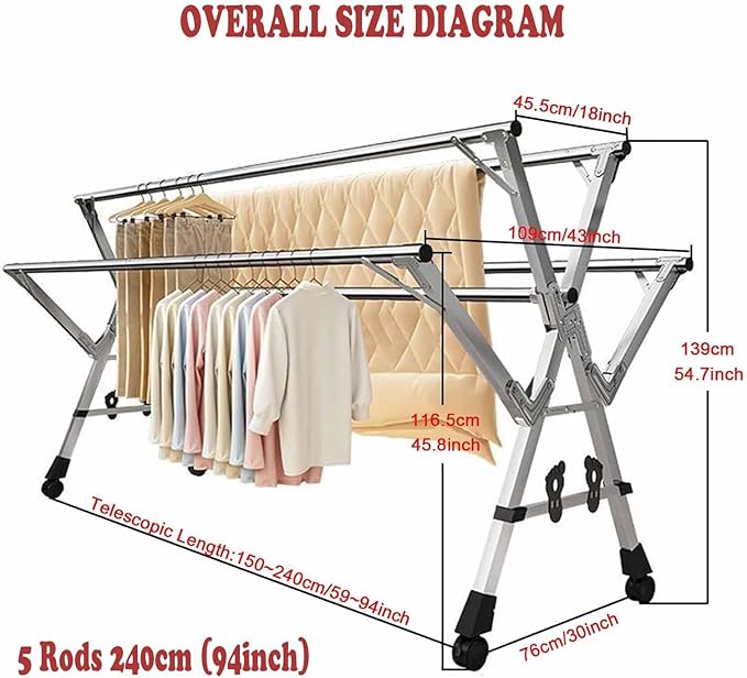 5Poles Clothes Drying Rack, Stainless Steel Laundry Rack - Image 2