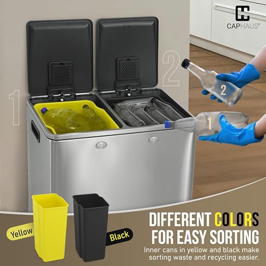 CAPHAUS Black Dual Trash Can w/Double Lid, Trash & Recycle Bins Combo, - Image 6