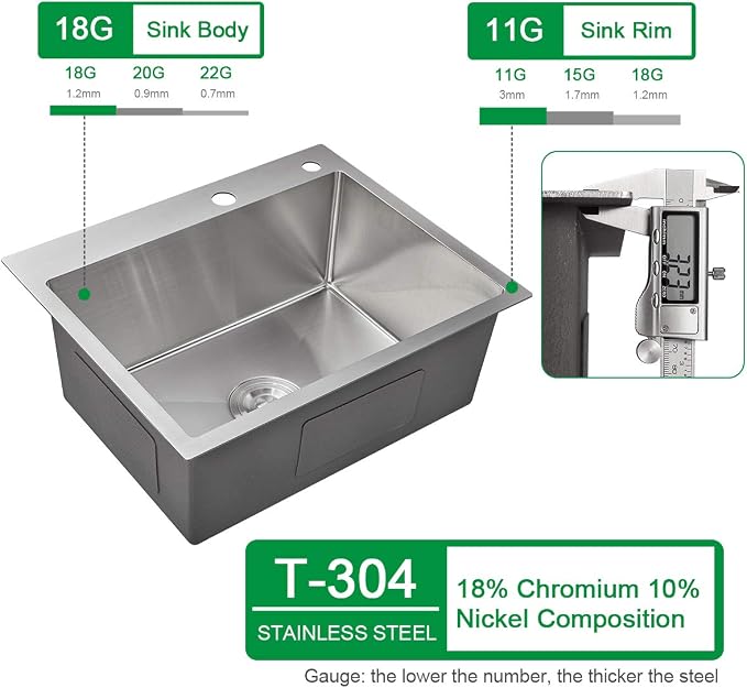 24x18 Inch Kitchen Sink Drop In, Premium T-304 Grade Stainless Steel Sink - Image 3