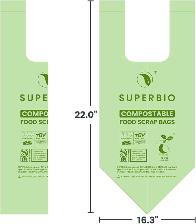 SUPERBIO 2.6 Gallon Compostable Bags, 2 Pack, Handle Tie Food Waste Bags - Image 4