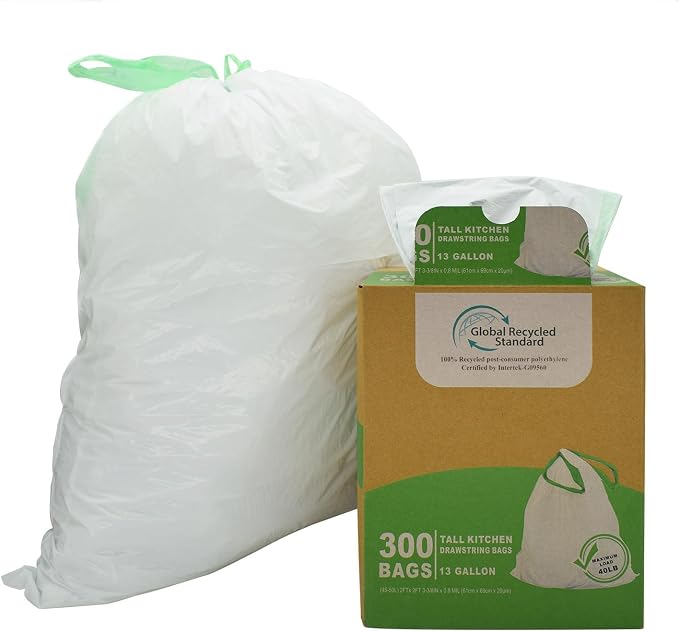 TYPLASTICS 300 Count 13 Gallon Tall Kitchen Drawstring Trash Bags, GRS Compliant - Image 9