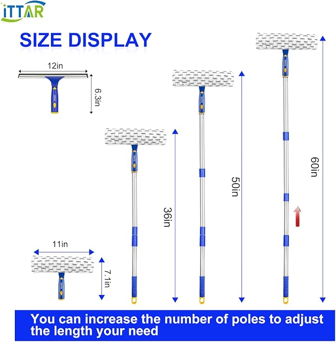 ‌ITTAR Window Squeegee Cleaner Kit, 5Ft Extendable Stainless Steel Pole - Image 7