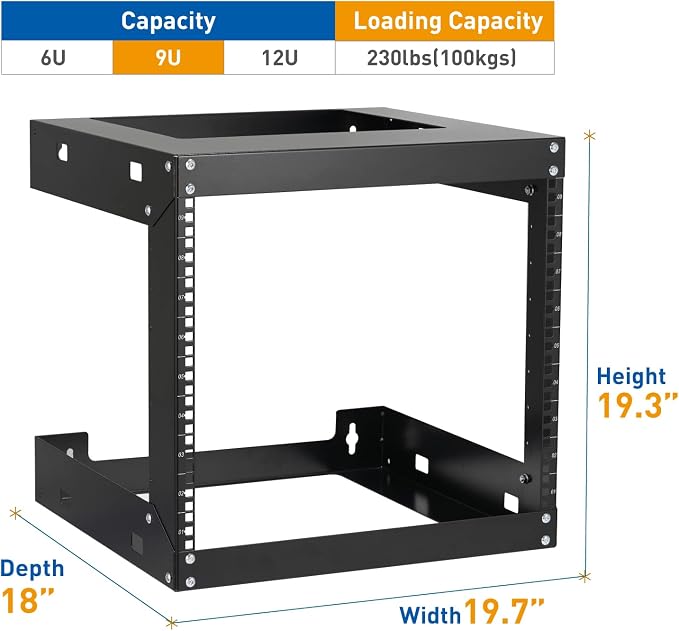 9U Wall Mount Rack Open Frame 19 Inch Server Equipment 2 Post Network Cabinet - Image 2