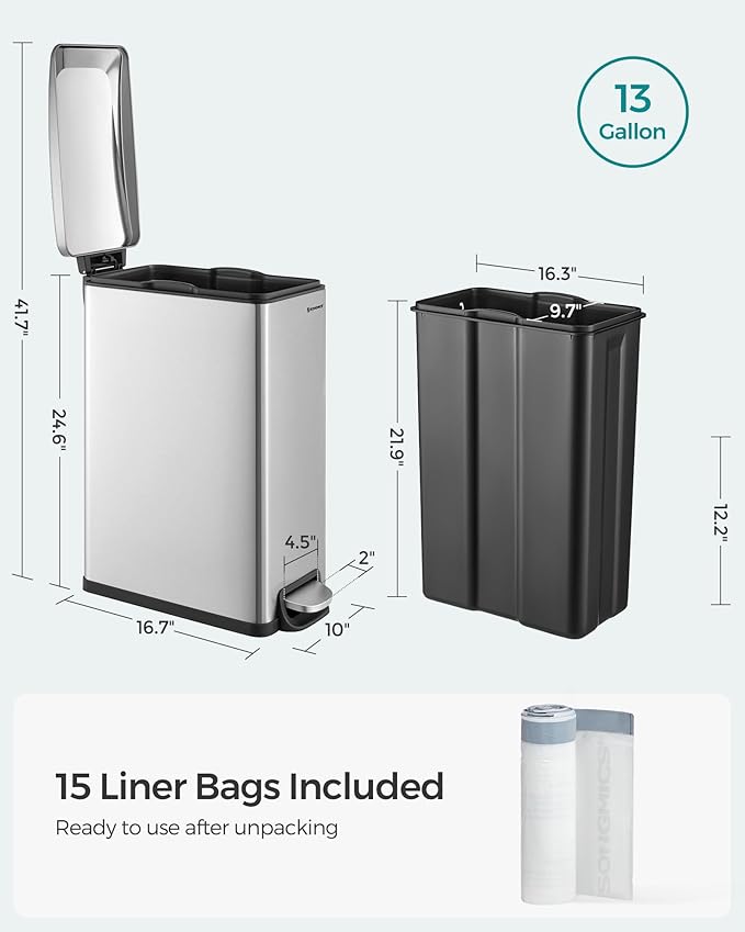 SONGMICS Slim Trash Can, 13-Gallon Garbage Can - Image 6