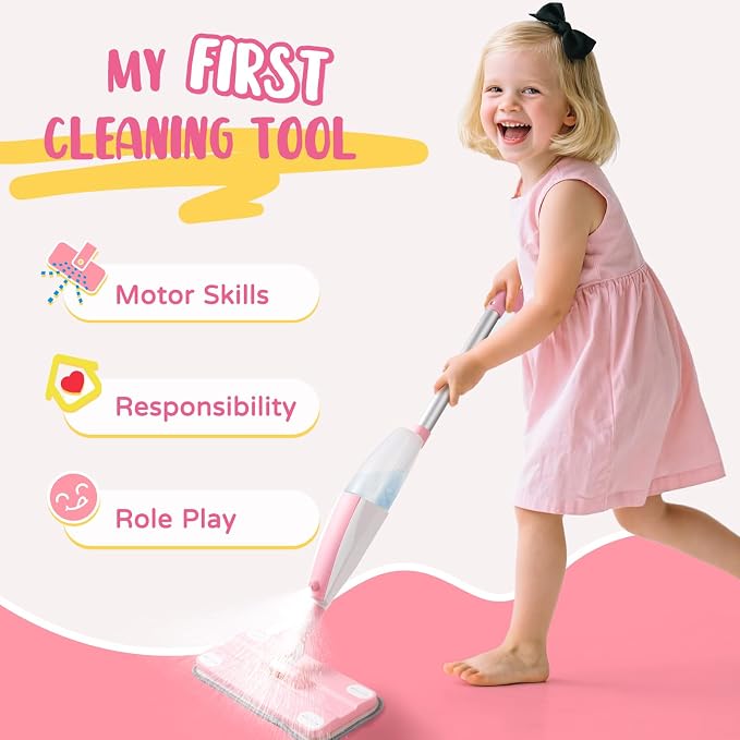 Pink Mini Spray Mop for Toddler-Girls Montessori Cleaning Toy That Real Spray - Image 3