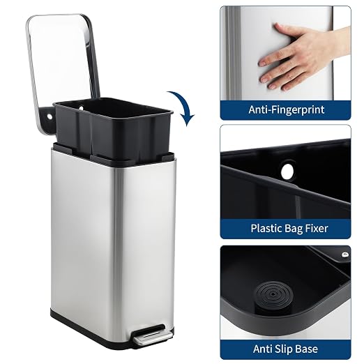 Garvee 13 Gallon Kitchen Trash Can, Stainless Steel Step Garbage Bin - Image 4