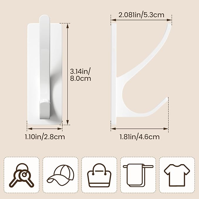 White Self Adhesive Coat Hooks for Hanging, Heavy Duty Stainless Double Wall - Image 3