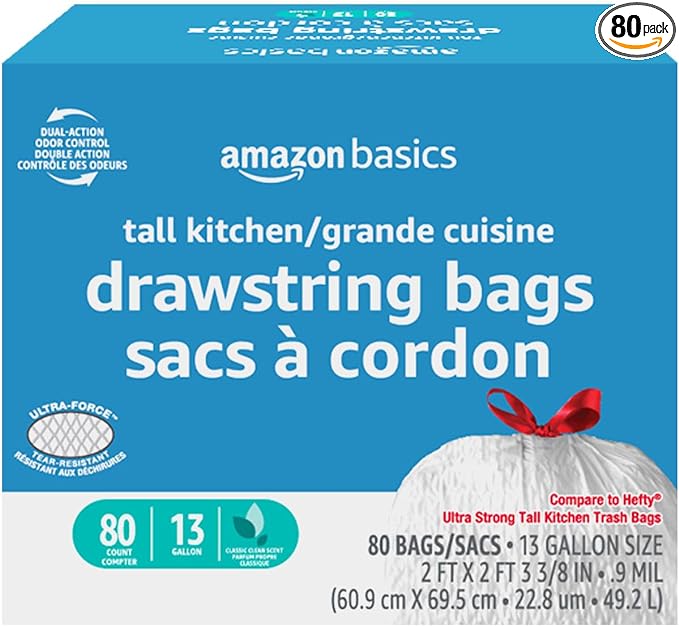Amazon Basics Ultra-Force Tall Kitchen Drawstring Trash Bags, Classic Clean by AmazonBasics