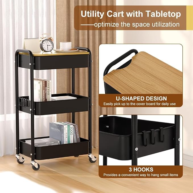 3 Tier Metal Utility Cart, Rolling Storage Cart - Image 3