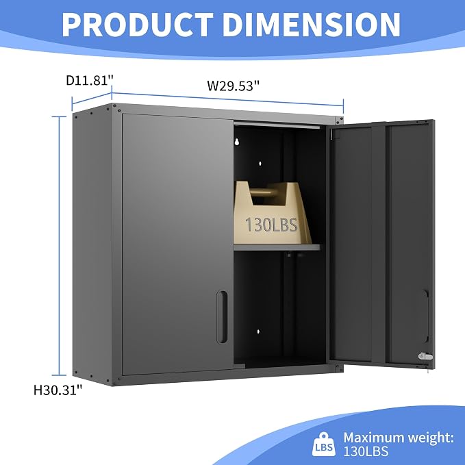 Garage Wall Cabinet with Doors and Shelves, Metal Wall Mounted Storage Cabinet - Image 3