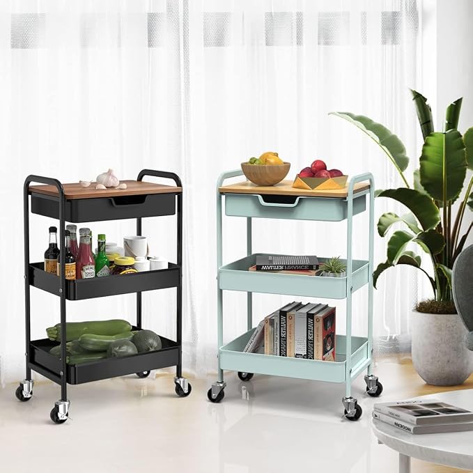 3 Tier Rolling Cart with Drawer, Metal Utility Cart on Wheels Storage Cart with - Image 8