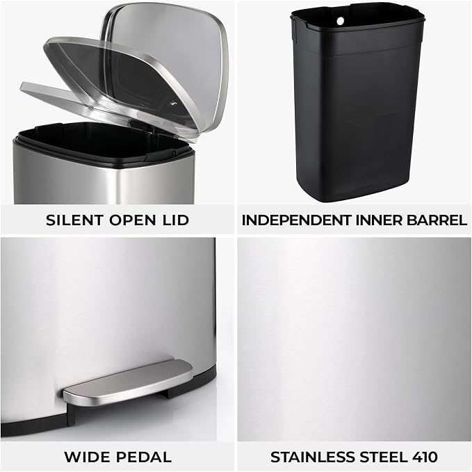 8 Gal Kitchen Trash Can, 30L Recycling or Garbage Bin, Brushed Stainless Steel - Image 7