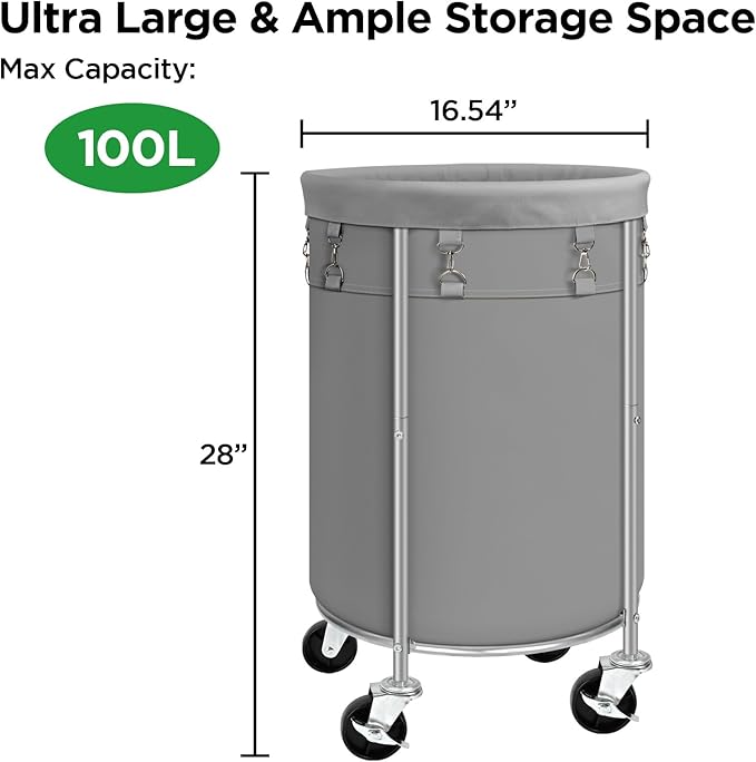 Laundry Hamper with Wheels, 100L Round Rolling Laundry Basket Sorter with - Image 7