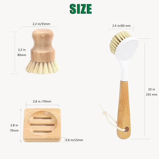 Bamboo Palm Dish Brush Set, Natural Bristle Dish Brush - Image 9