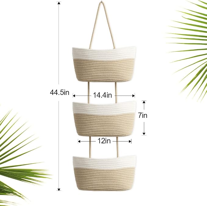 TeoKJ Over the Door Hanging Basket, 3-Tier Woven Cotton Wall-Mounted Storage - Image 9