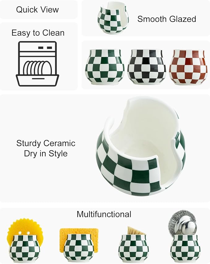 Kitchen Sponge Holder, Ceramic Sponge Organizer Checkered Scrubby Holder Sink - Image 3